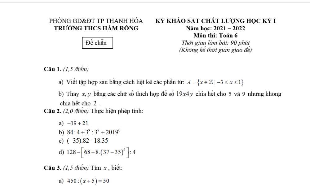 Toán 6-Đề kiểm tra cuối kì 1 Trường THCS Hàm Rồng-Thanh Hóa năm học 2020-2021